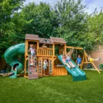 KidKraft Adventure Bend Two-Story Wood Swing Set with Clubhouse, Triple Slide, and Acrobar