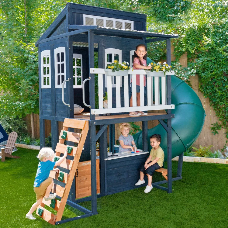 veb-product-218-image-1.webp KidKraft Cozy Escape Navy Two-Story Wood Playhouse with Tube Slide and Clubhouse - Image 1