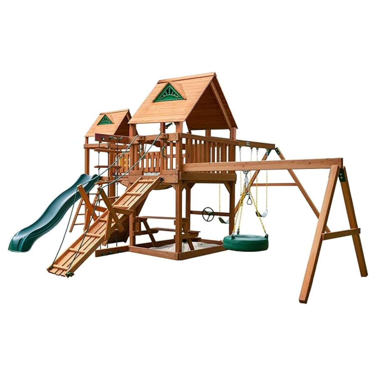 veb-product-22-image-1.png Gorilla Playsets Pioneer Peak Treehouse Wooden Swing Set with Tire Swing, and Clatter Bridge and Tower - Image 1