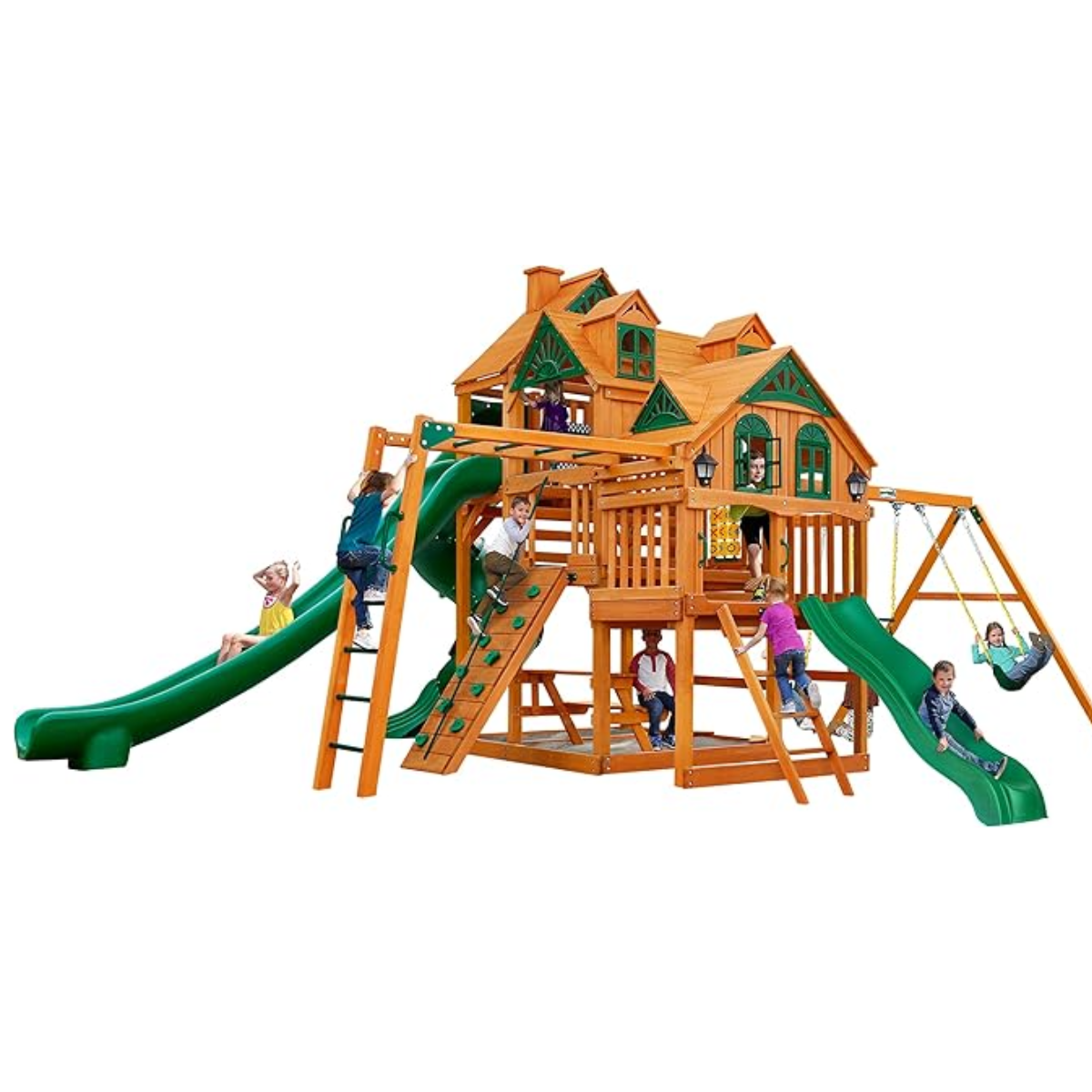 veb-product-24-image-1.png Gorilla Playsets Empire Extreme Wooden Swing Set with Monkey Bars, Clatter Bridge, Tower, and 3 Slides - Image 1