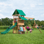Canyon Creek All Cedar Swing Set Playset w/ Rockwall Upper Fort Belt Swings Web Swing Gray Wave Slide, and Play Kitchen - Image 8
